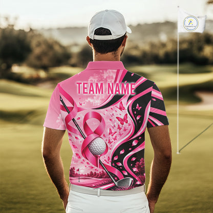 Breast Cancer Awareness Pink Black Men Golf Polo Shirt Custom Ribbon Butterfly Team Jersey NHT1698