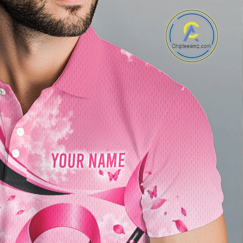 Breast Cancer Awareness Pink Black Men Golf Polo Shirt Custom Ribbon Butterfly Team Jersey NHT1698