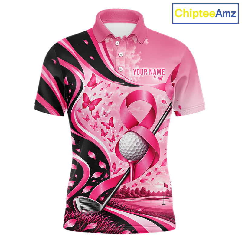 Breast Cancer Awareness Pink Black Men Golf Polo Shirt Custom Ribbon Butterfly Team Jersey NHT1698