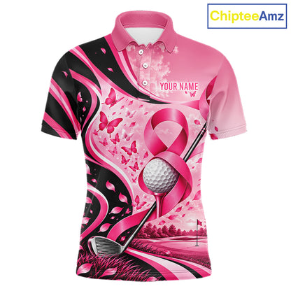 Breast Cancer Awareness Pink Black Men Golf Polo Shirt Custom Ribbon Butterfly Team Jersey NHT1698