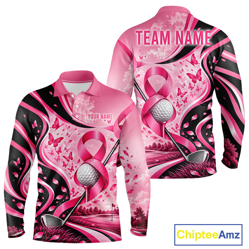 Breast Cancer Awareness Pink Black Men Golf Polo Shirt Custom Ribbon Butterfly Team Jersey NHT1698