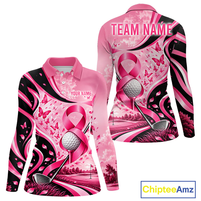 Breast Cancer Awareness Pink Black Women Golf Polo Shirt Custom Ribbon Butterfly Team Jersey NHT1698