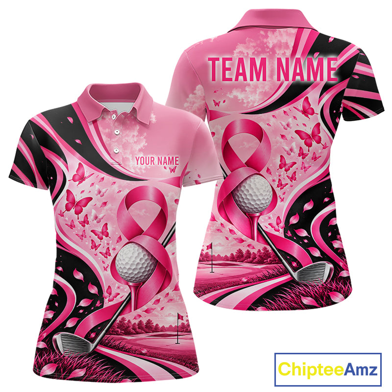 Breast Cancer Awareness Pink Black Women Golf Polo Shirt Custom Ribbon Butterfly Team Jersey NHT1698