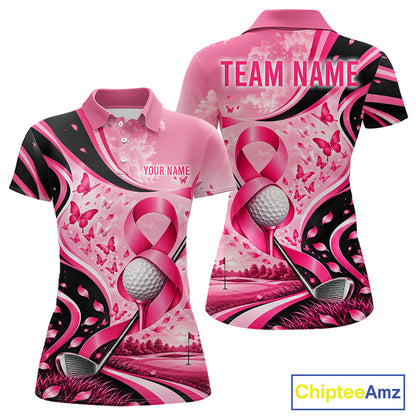 Breast Cancer Awareness Pink Black Women Golf Polo Shirt Custom Ribbon Butterfly Team Jersey NHT1698