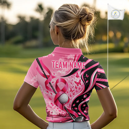 Breast Cancer Awareness Pink Black Women Golf Polo Shirt Custom Ribbon Butterfly Team Jersey NHT1698