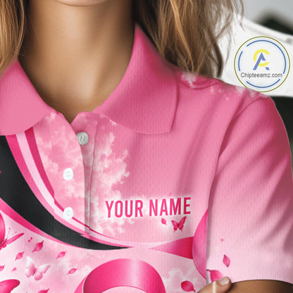 Breast Cancer Awareness Pink Black Women Golf Polo Shirt Custom Ribbon Butterfly Team Jersey NHT1698
