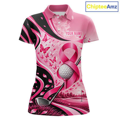 Breast Cancer Awareness Pink Black Women Golf Polo Shirt Custom Ribbon Butterfly Team Jersey NHT1698