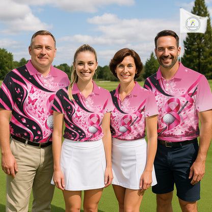 Breast Cancer Awareness Pink Black Women Golf Polo Shirt Custom Ribbon Butterfly Team Jersey NHT1698