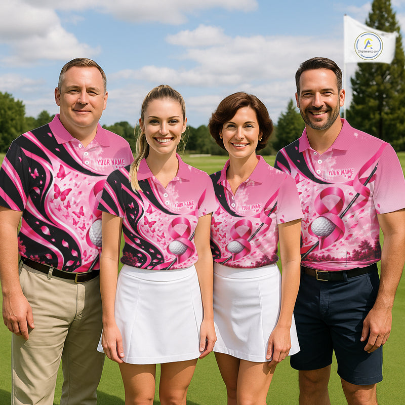 Breast Cancer Awareness Pink Black Men Golf Polo Shirt Custom Ribbon Butterfly Team Jersey NHT1698