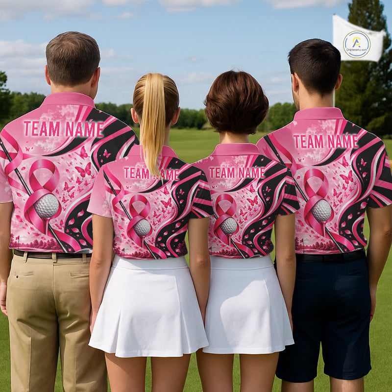 Breast Cancer Awareness Pink Black Women Golf Polo Shirt Custom Ribbon Butterfly Team Jersey NHT1698