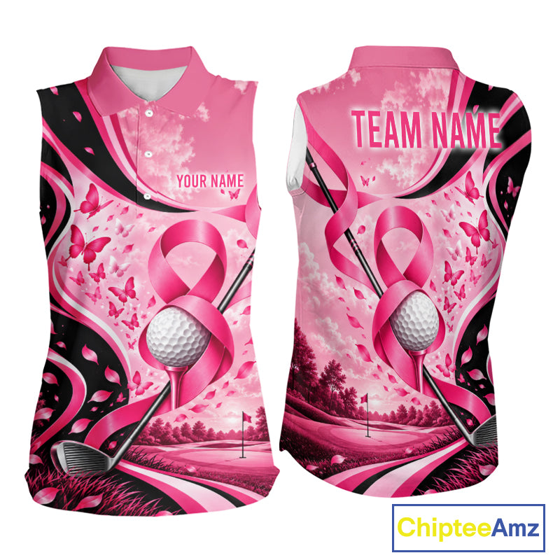 Breast Cancer Awareness Pink Black Women Sleeveless Golf Polo Shirt Custom Ribbon Butterfly Team Jersey NHT1698