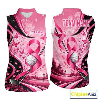Breast Cancer Awareness Pink Black Women Sleeveless Golf Polo Shirt Custom Ribbon Butterfly Team Jersey NHT1698