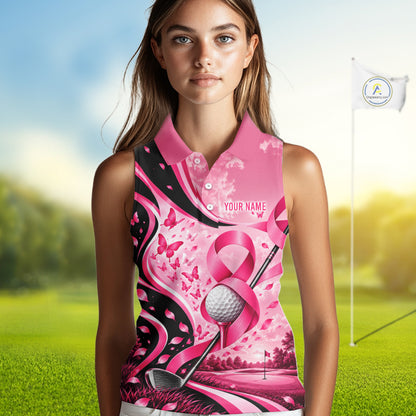 Breast Cancer Awareness Pink Black Women Sleeveless Golf Polo Shirt Custom Ribbon Butterfly Team Jersey NHT1698
