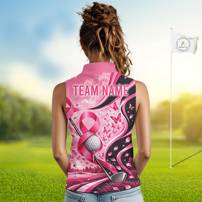 Breast Cancer Awareness Pink Black Women Sleeveless Golf Polo Shirt Custom Ribbon Butterfly Team Jersey NHT1698