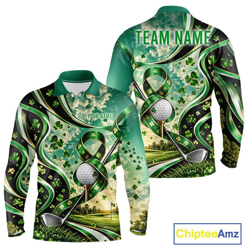 St Patricks Day Men Golf Polo Shirt Custom Shamrock Lucky Clover Team Tournament Jersey NHT1699