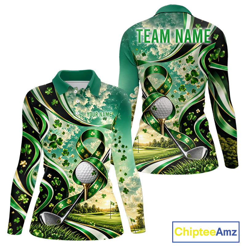 St Patricks Day Women Golf Polo Shirt Custom Shamrock Lucky Clover Team Tournament Jersey NHT1699