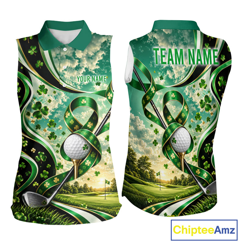 St Patricks Day Women Sleeveless Golf Polo Shirt Custom Shamrock Lucky Clover Team Tournament Jersey NHT1699