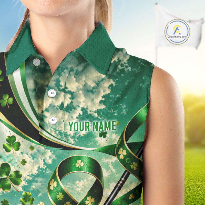 St Patricks Day Women Sleeveless Golf Polo Shirt Custom Shamrock Lucky Clover Team Tournament Jersey NHT1699