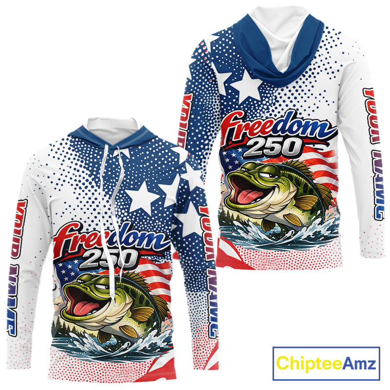 Funny Bass Fishing Shirts Long Sleeve Hooded Freedom 250 American Flag, Fishing Gift NHT408