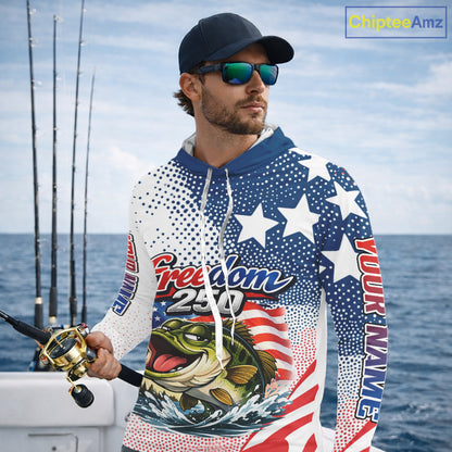 Funny Bass Fishing Shirts Long Sleeve Hooded Freedom 250 American Flag, Fishing Gift NHT408