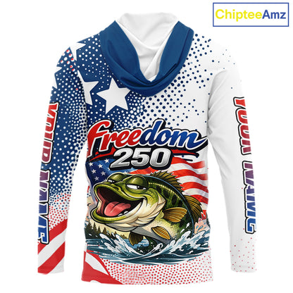 Funny Bass Fishing Shirts Long Sleeve Hooded Freedom 250 American Flag, Fishing Gift NHT408