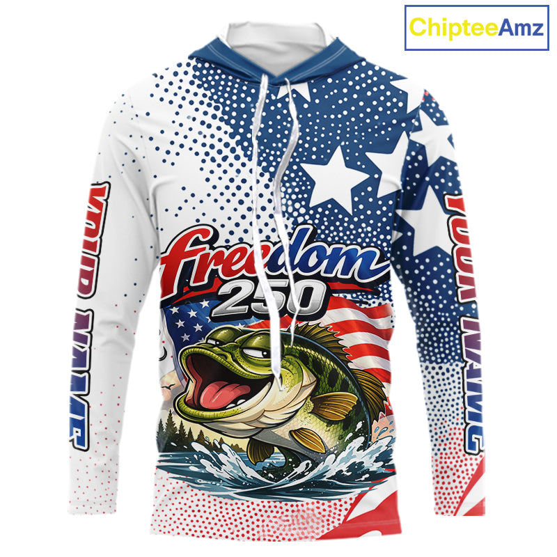 Funny Bass Fishing Shirts Long Sleeve Hooded Freedom 250 American Flag, Fishing Gift NHT408