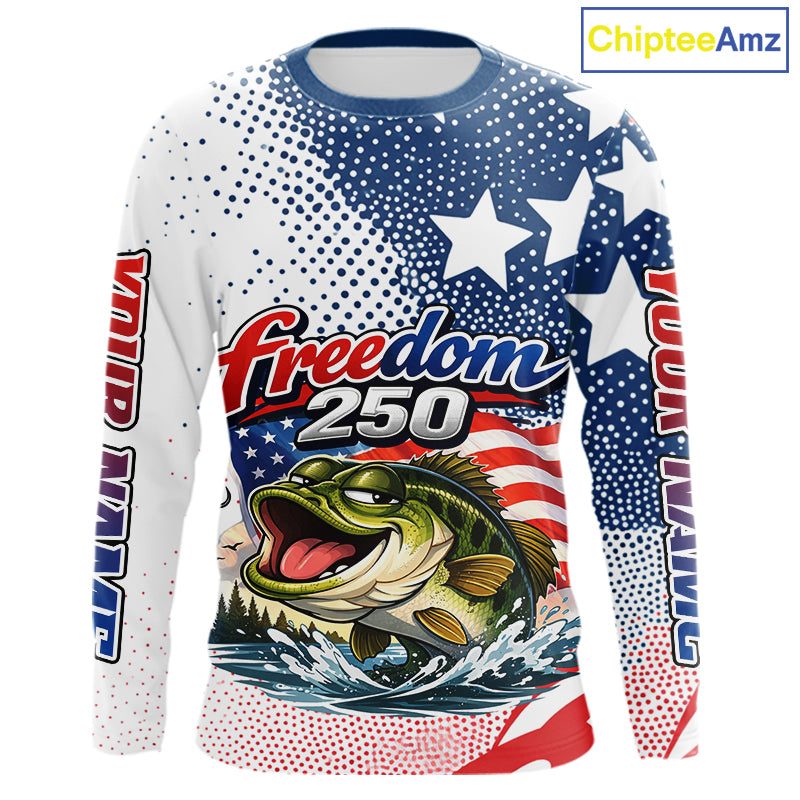 Funny Bass Fishing Shirts Long Sleeve Freedom 250 American Flag, Fishing Gift NHT408