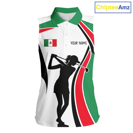 Mexican Flag White Golf Pattern Sleeveless Womens  Polo Shirt Patriotic Womens Golf Shirt Mexico Golf Gifts NHT737