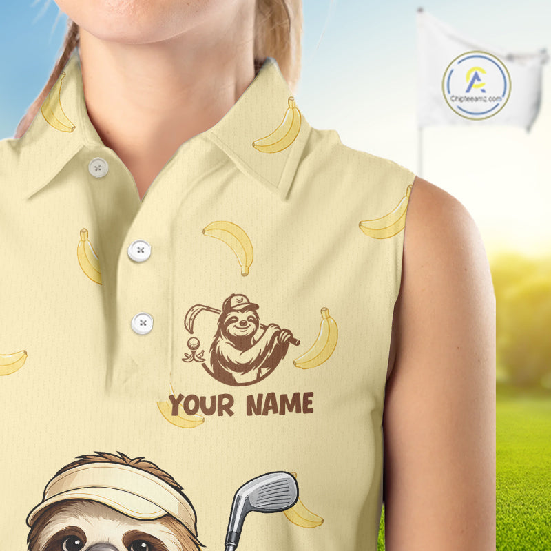 Funny Sloth Banana Womens Sleeveless Golf Polo Shirt Custom Golf Jerseys, Golf Apparel Gift For Golf Lovers NHT907