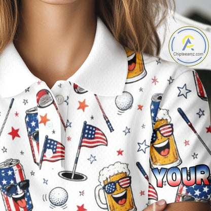 Custom Patriotic Womens Golf Polo Shirt With Beer Print – Personalized USA Golf Team Polo 