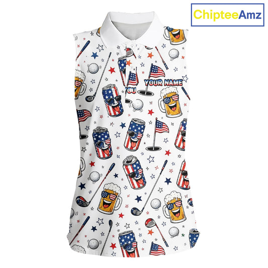 Custom Patriotic Womens Sleeveless Golf Polo Shirt With Beer Print – Personalized USA Golf Team Polo 