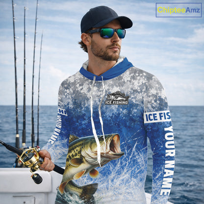 Ice Fishing Shirt With Largemouth Bass & Winter Camo Design, Fishing Shirts Hooded Long Sleeve For Men NHT1373