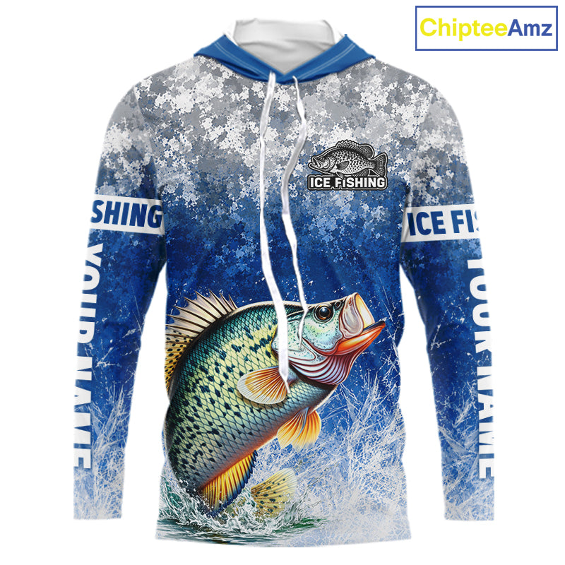 Ice Fishing Shirt With Crappie & Winter Camo Design, Fishing Shirts Hooded Long Sleeve For Men NHT1374