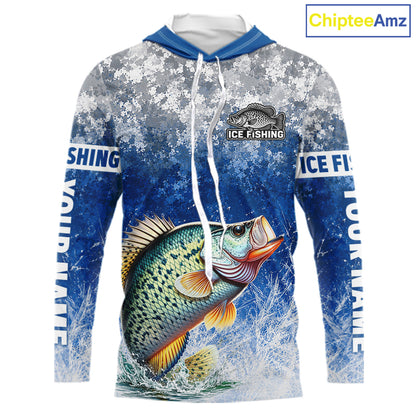 Ice Fishing Shirt With Crappie & Winter Camo Design, Fishing Shirts Hooded Long Sleeve For Men NHT1374