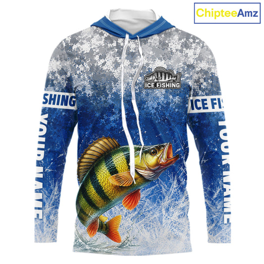 Ice Fishing Shirt With Yellow Perch & Winter Camo Design, Fishing Shirts Hooded Long Sleeve For Men NHT1376