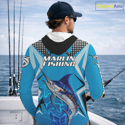 Marlin Fishing Blue Camo Custom Name Long Sleeve, Long Sleeve Fishing Shirt For Men NHT465