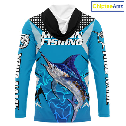 Marlin Fishing Blue Camo Custom Name Long Sleeve, Long Sleeve Fishing Shirt For Men NHT465