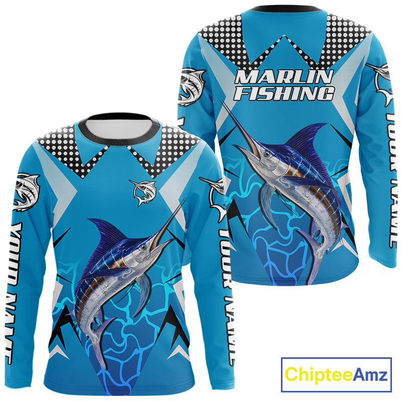 Marlin Fishing Blue Camo Custom Name Long Sleeve, Long Sleeve Fishing Shirt For Men NHT465