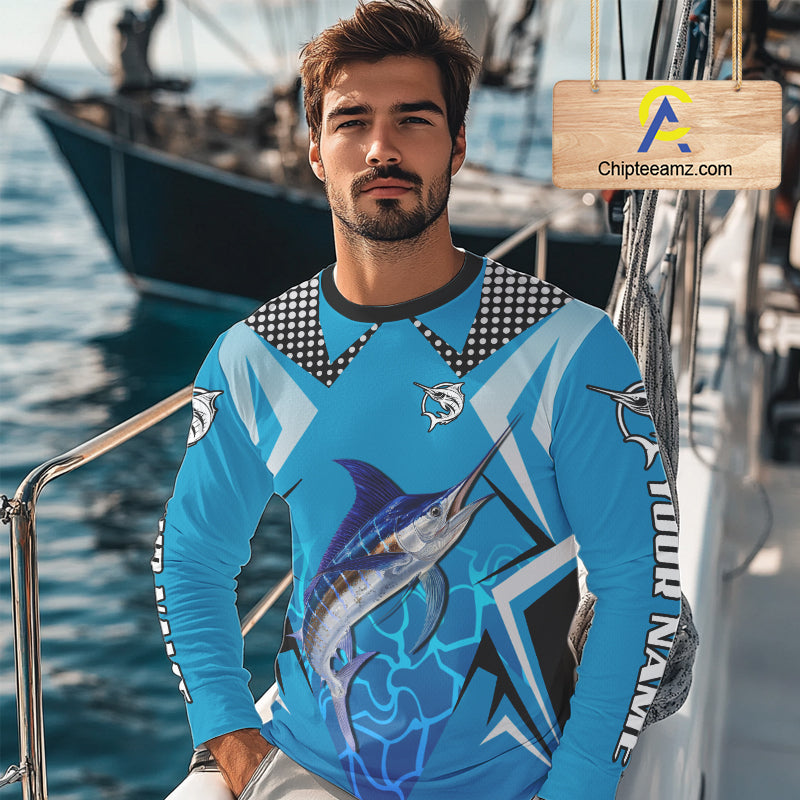 Marlin Fishing Blue Camo Custom Name Long Sleeve, Long Sleeve Fishing Shirt For Men NHT465