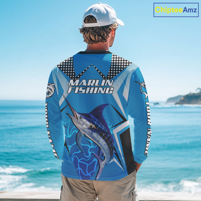 Marlin Fishing Blue Camo Custom Name Long Sleeve, Long Sleeve Fishing Shirt For Men NHT465
