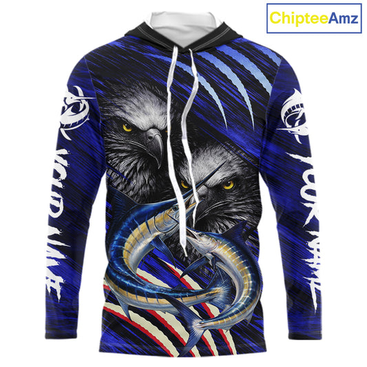 Marlin & Eagle Design Fishing Shirt Long Sleeve Hooded, Marlin Fishing Shirt For Men NHT468