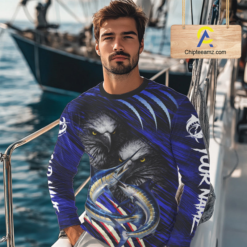Marlin & Eagle Design Fishing Shirt Long Sleeve, Marlin Fishing Shirt For Men NHT468