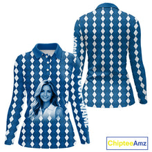 Load image into Gallery viewer, Womens Golf Polo Shirt Custom Photo Face Blue Argyle Plaid Pattern, Mother's Day Golfing Gifts NHT742