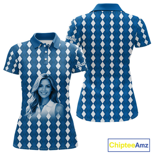 Womens Golf Polo Shirt Custom Photo Face Blue Argyle Plaid Pattern, Mother's Day Golfing Gifts NHT742