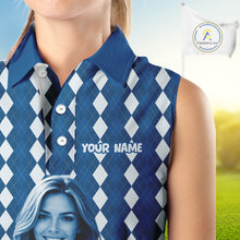 Load image into Gallery viewer, Sleeveless Womens Golf Polo Shirt Custom Photo Face Blue Argyle Plaid Pattern, Mother's Day Golfing Gifts NHT742