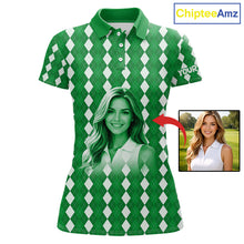 Load image into Gallery viewer, Womens Golf Polo Shirt Custom Photo Face Green Argyle Plaid Pattern, Mother's Day Golfing Gifts NHT743