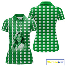 Load image into Gallery viewer, Womens Golf Polo Shirt Custom Photo Face Green Argyle Plaid Pattern, Mother's Day Golfing Gifts NHT743