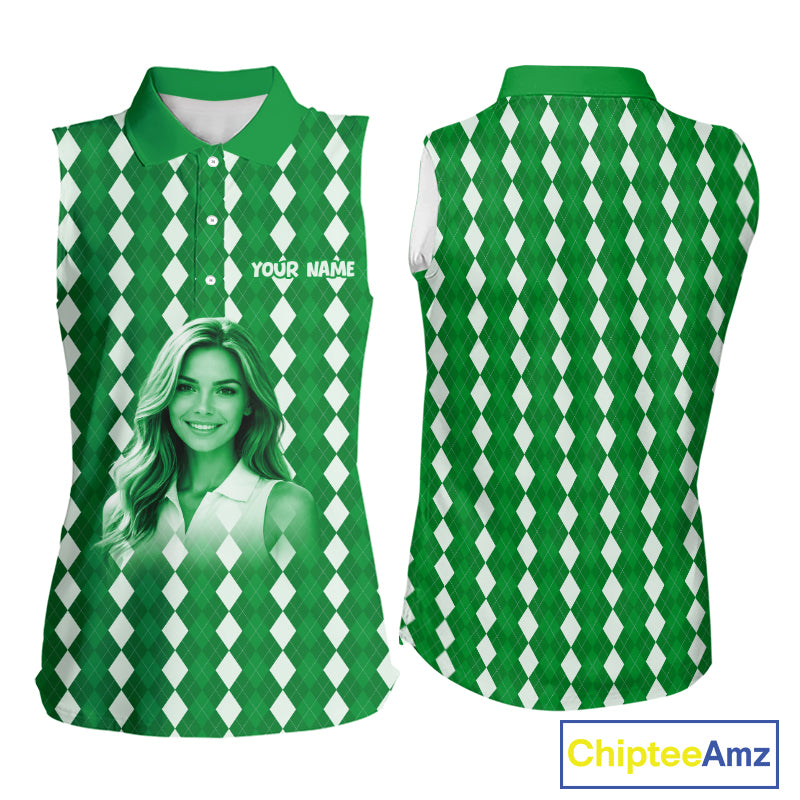 Sleeveless Womens Golf Polo Shirt Custom Photo Face Green Argyle Plaid Pattern, Mother's Day Golfing Gifts NHT743