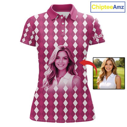 Womens Golf Polo Shirt Custom Photo Face Pink Argyle Plaid Pattern, Mother's Day Golfing Gifts NHT744