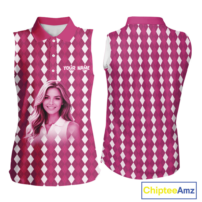 Sleeveless Womens Golf Polo Shirt Custom Photo Face Pink Argyle Plaid Pattern, Mother's Day Golfing Gifts NHT744